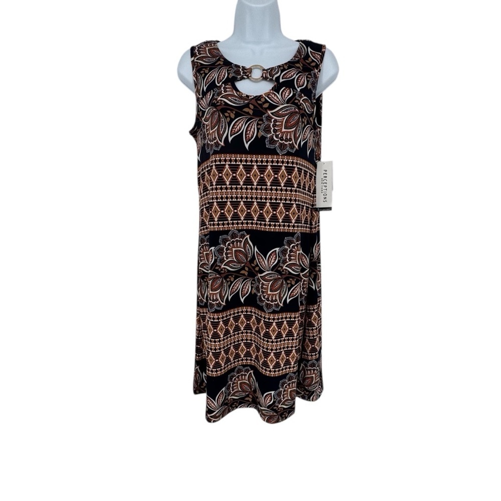 NWT Perceptions Black Brown Sleeveless Floral Geometric Midi Dress Size Small - Picture 2 of 10